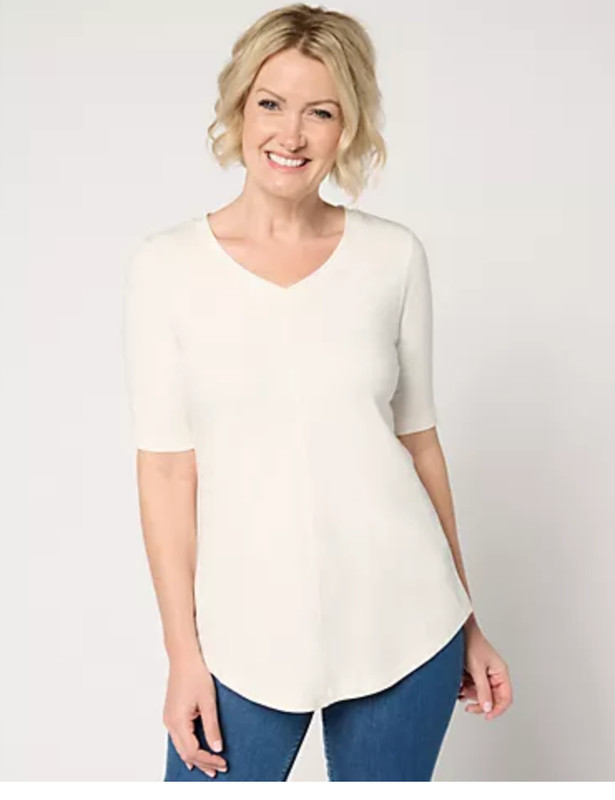 Denim & Co. L Natural Essentials Reg Favorite Jersey Elbow Sleeve V-Neck Tunic