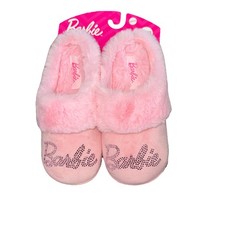 Mattel Barbie Pink Rhinestone Faux Fur Plush Slippers Slide Girls Size 2/3
