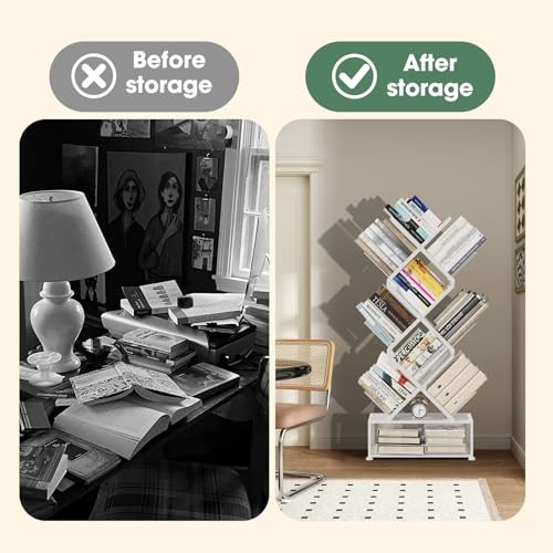 Metal 6 Tier Bookshelf, No Assembly Needed Foldable Bookcase with Storage White