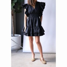 Ulla Johnson Kiri Dress Noir Black Cotton Poplin Ruffle V-Neck Mini NWT Size 12