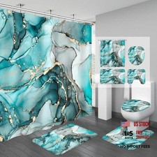 4PCS Blue Marble Shower Curtain Sets with Rugs - Abstract Bathroom Sets - Teal