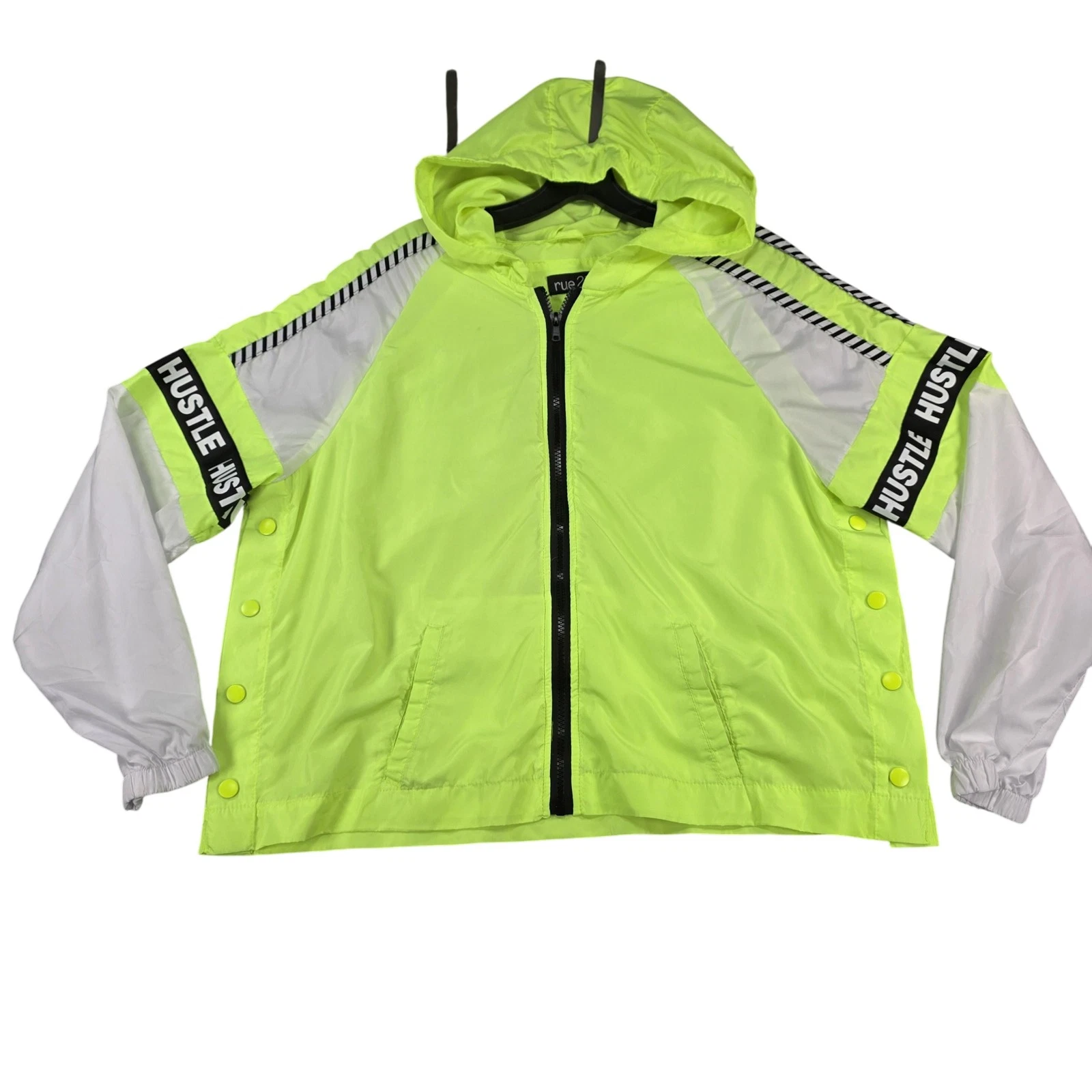 rue21 Jacket Mens Large Neon Yellow White Hooded Full Zip Windbreaker Hustle image 1