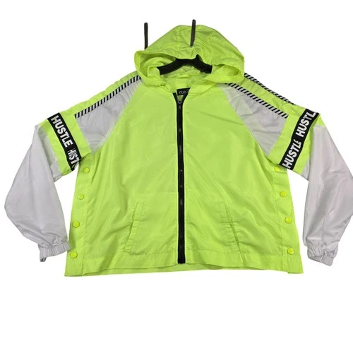 rue21 Jacket Mens Large Neon Yellow White Hooded Full Zip Windbreaker Hustle - product listing photo