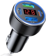 USB C Car Charger, 4 Port Metal USB Cigarette Lighter Adapter with Voltmeter