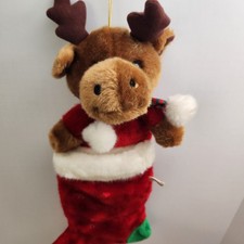 Vtg Christmas King Plush 21" Brown Reindeer Soft Red Green Christmas Stocking