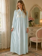 Vintage Barbizon Nightgown M Aqua Satin Lace Long Sleeve NWT Deadstock 70s -3341