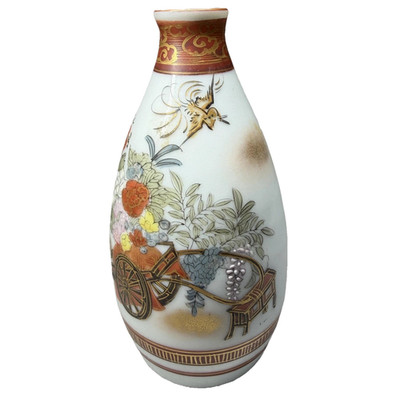 Kutani Japan Porcelain Vase Bottle Floral Cart Bird Gold Gilt Hand Painted