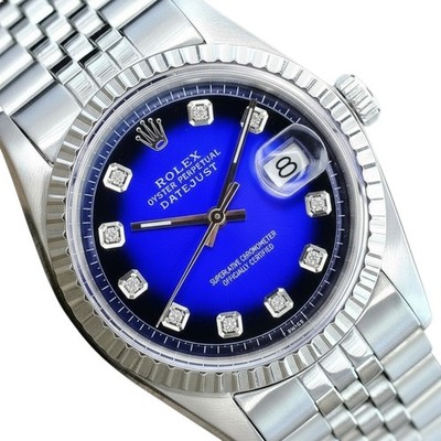 Rolex Datejust Mens Stainless Steel Watch Blue Vignette Diamond Dial Jubilee