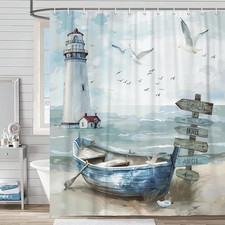 Nautical Coastal Shower Curtain, Ocean Beach Lighthouse Shower Curtain Set, Seas