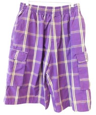 Shaka Wear Men Size L Large Purple Plaid Cargo Shorts Pockets Elastic Waist