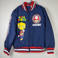 Super Mario Bomber Jacket Boys Size 8 Admiral Navy Blue Graphic Full Zip