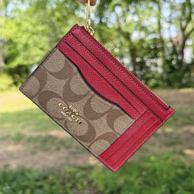 Coach Signature Logo Canvas/Leather Zip ID Holder w/ ID Window Red/Brown