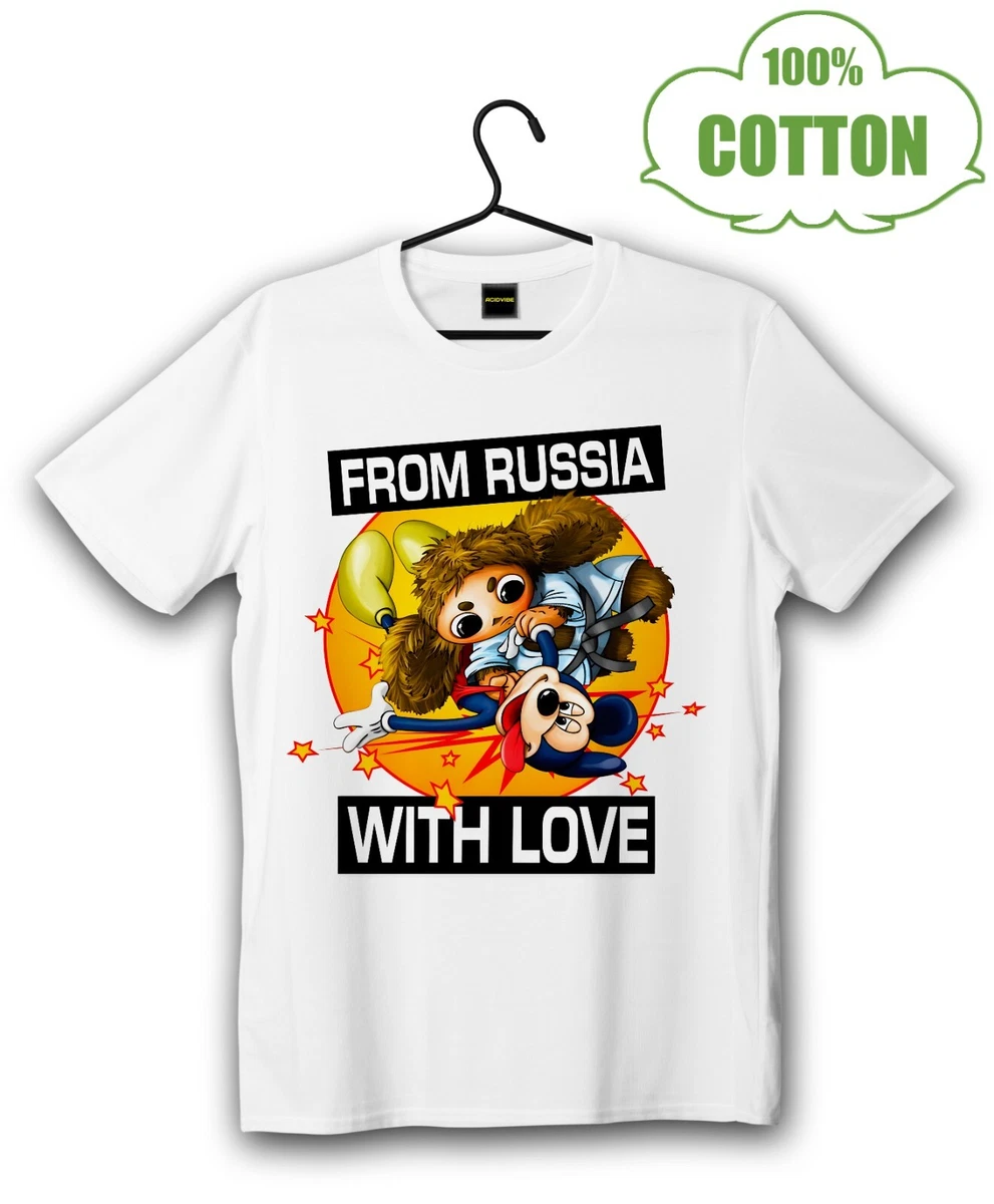 Cheburashka And Mickey Fight Cotton T-Shirt Чебурашка Russian Doll.