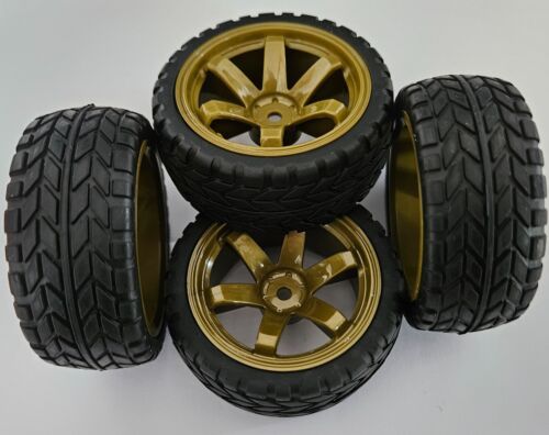 1/10 RC Car on road/touring/rally Wheels & Block Tread Tyres x4 Gold - Afbeelding 1 van 6
