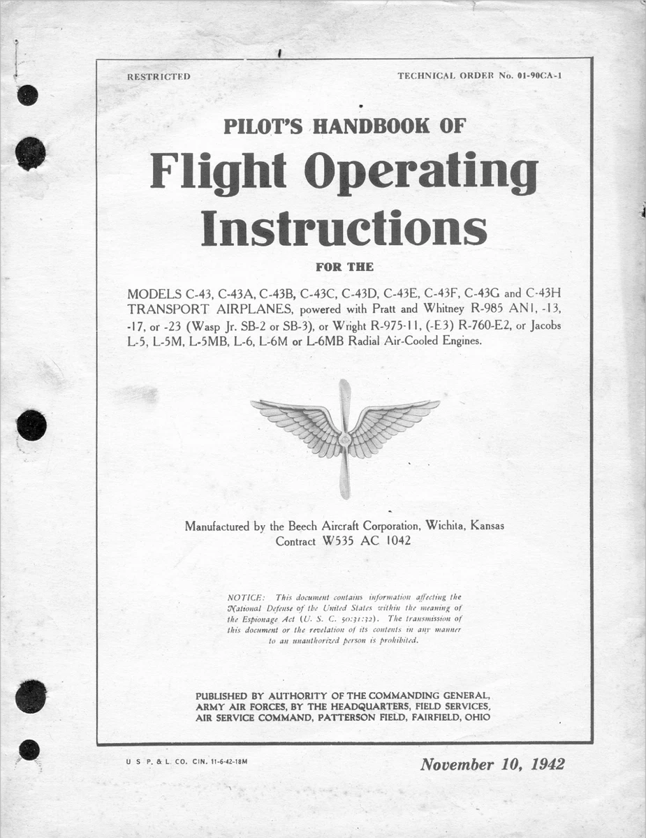 35 Page 1942 Model 17 C-43 Staggerwing TO 01-90CA-1 Pilot Handbook Manual on CD