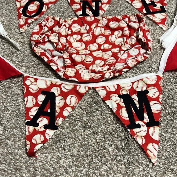 First Birthday Banners & Diaper Cover Red Baseball Sports Handmade 3 Piece Set - Image 4 of 4