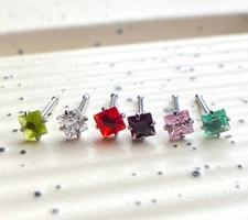 1pc Surgical Steel Nose Stud Ring w/ Square Prong Set Gem 20g - choose color