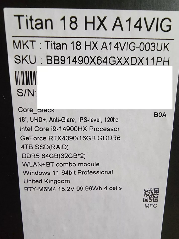 MSI Titan 18 HX i9 14900HX RTX 4090 64GB 4TB UHD 120Hz MiniLED Laptop