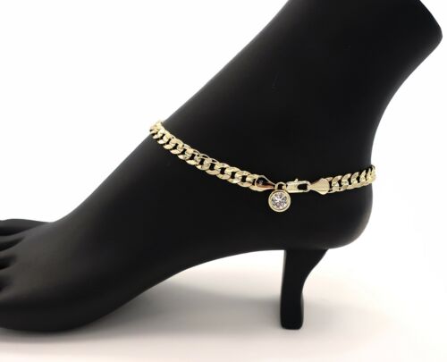 6mm CONCAVE CUBAN LINK CHAIN ANKLET CZ STONE ANKLE BRACELET 14K GOLD PLATED - Afbeelding 1 van 5