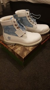 blue and white timberlands