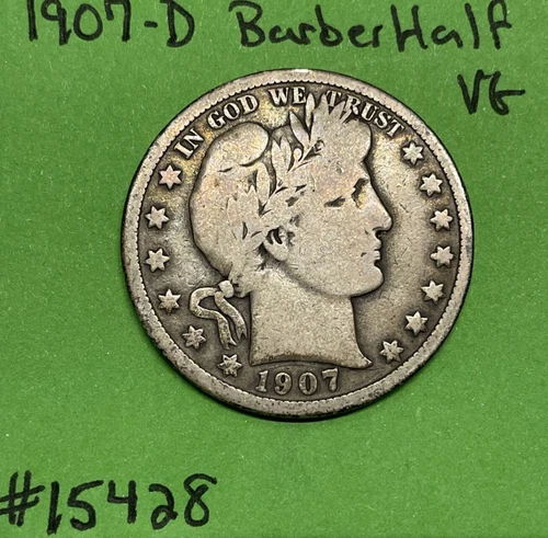 1907 D Barber Half Dollar 90% Silver VG Very Good See Pictures