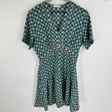 Sandro Paris Women's Dress Size 40 FR  / 10 100% Silk Green Printed V-Neck READ