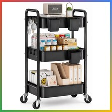 3 Tier Rolling Metal Storage Cart Organizer Heavy Duty Wheels Black