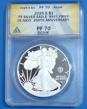 2025-S Proof Silver Eagle Navy 250th Ann. Privy ANACS PF70 DCAM with OGP+COA