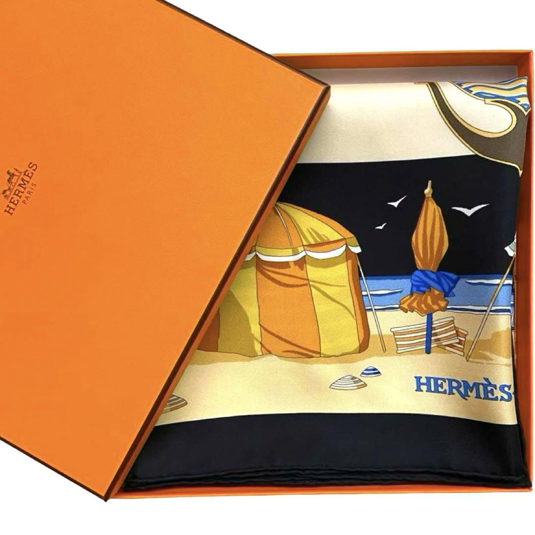 Hermes Silk Scarf Charmes des Plages Normandes Black Hermes Silk Scarf Charmes des Plages Normandes Black