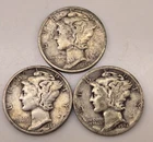 three coins: 1944 P, D, S MERCURY DIMES 10C (#320) circulated, ungraded