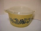 Vintage PYREX #473 Homestead Baking Dish w/ Lid 1 Quart Glass Tan & Blue