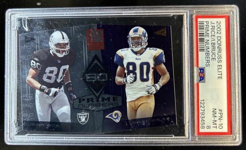 2002 Donruss Elite Jerry Rice Isaac Bruce Prime Numbers #/1600 PSA 8
