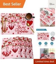 Pink Valentine's Day Placemats Set of 6, Red Love Heart Tree Heat Resistant W...