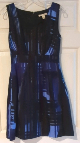 Banana Republic Blue/Black Abstract V-Neck Sleeveless A-Line Short Dress 0 Zip