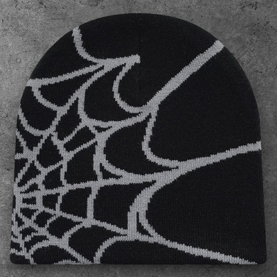 Unisex Spider Web Knit Beanie Hat Black Gray Y2K Aesthetic Streetwear One Size