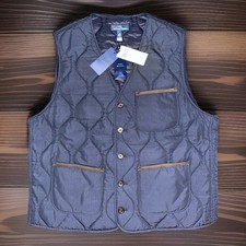 Polo Ralph Lauren Mens Large Navy Blue Suede Trim Quilted Vest Button Pocket NEW