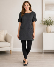 Yume Sweater Dress Womens 1 Small Gray Lagenlook Fleece Pockets Buttons