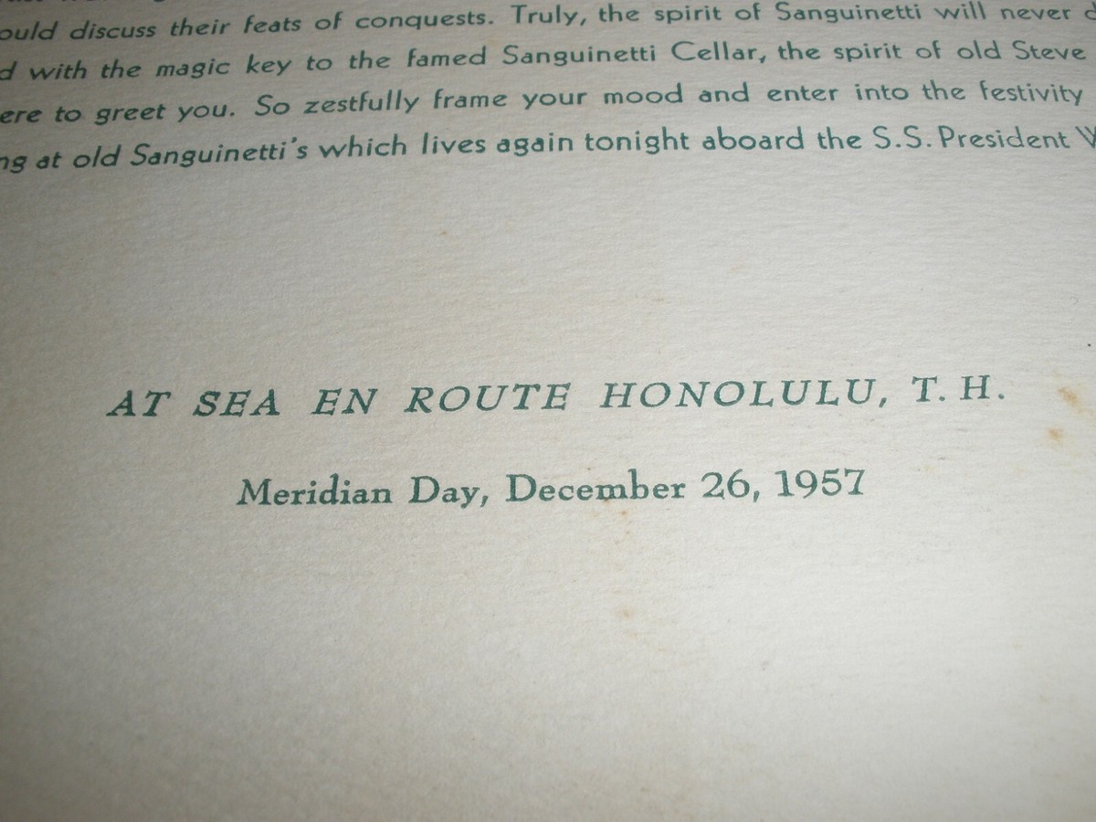 Vintage Menu 1957 Sanguinetti American President Lines S. S.