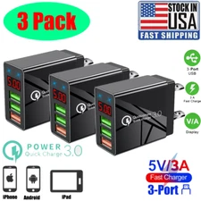 3PACK 3-Port QC3.0 Fast USB Wall Charger Adapter US Plug Black w/ LED Display