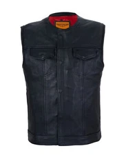 Premium Men's Black Leather Vest with red inner Motorcycle Biker Waistcoat