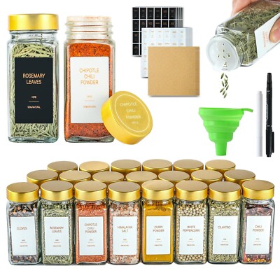 Gold Spice Jars with Label，4oz Seasoning Containers, Glass Spice Bottles 