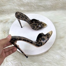 Women Leopard High Heel Metal Open Toe Sandals Mules Slides Leather Shoe Slipper