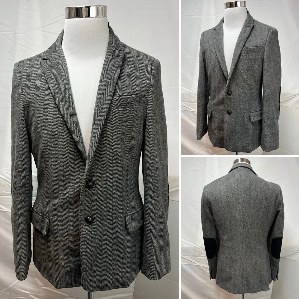 Chaqueta Blazer Troy Smith Para Hombre M Lana Tweed Gris Negro Espiga Parches en el Codo Foto 4 de 4