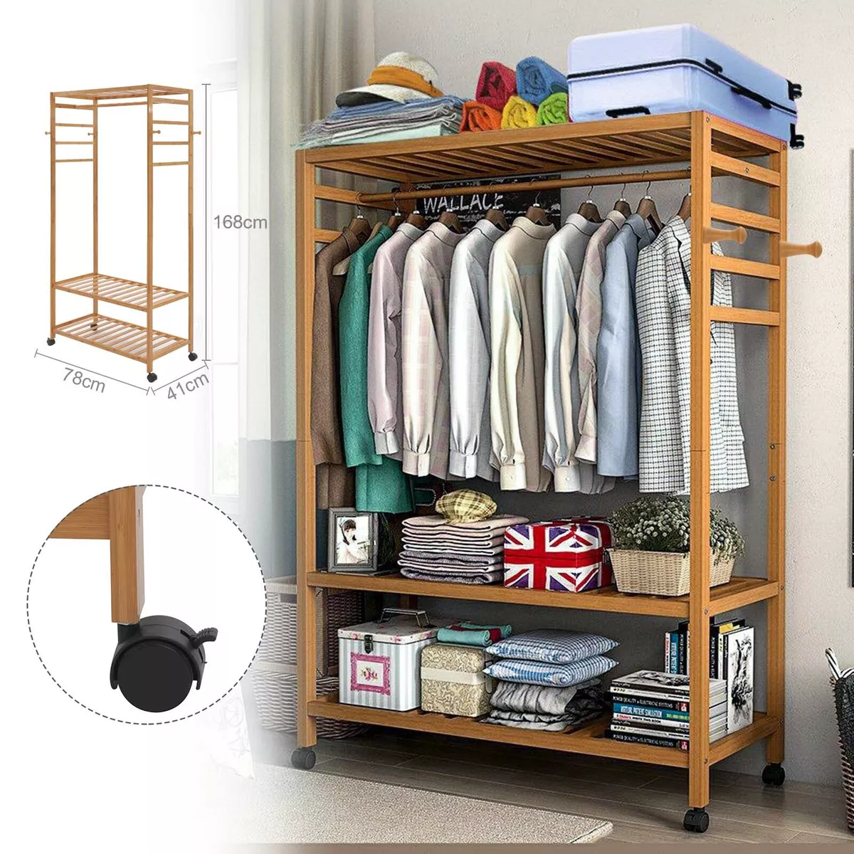 Heavy Duty Wooden Clothes Rail Garment Coat Rack Stand