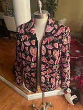 Rgt Quilted Full Zip Jacket Womens Med Black Colorful Fans Pattern Shoulder Pads