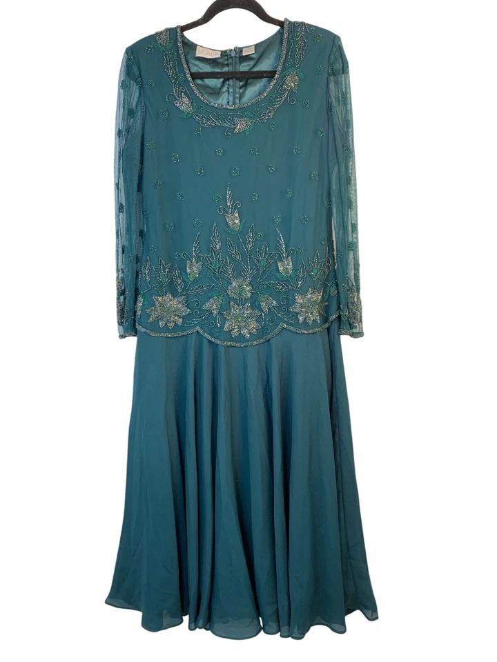 Vestido de Noche De Colección Scala Cuentas Talla 12 Verde Madre Novia Vestido Formal 9048 Foto 4 de 4