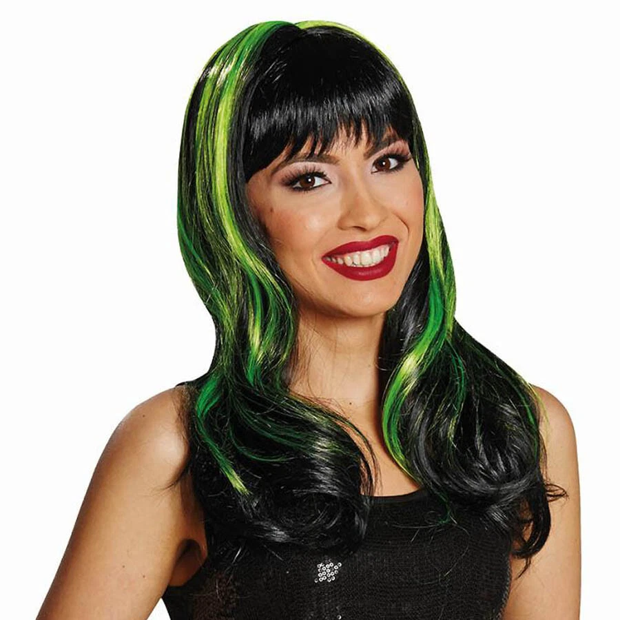 MOTTOLAND DAMEN PERÜCKE LANG SCHWARZ & GRÜNE STRÄHNEN # Karneval JGA Fasching Kostüm Party