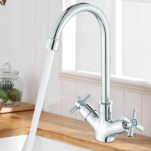 Modern Kitchen Sink Mixer Taps Swivel Spout Dual Lever Tap Mono Chrome Faucet