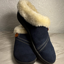 Clarks Women  s Blue Suede Faux Fur Lined Clog Slippers Slip-On 8M