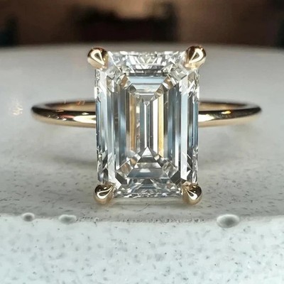 Emerald Cut 4 CTW Moissanite 14k Yellow Gold Plated Engagement Solitaire Ring
